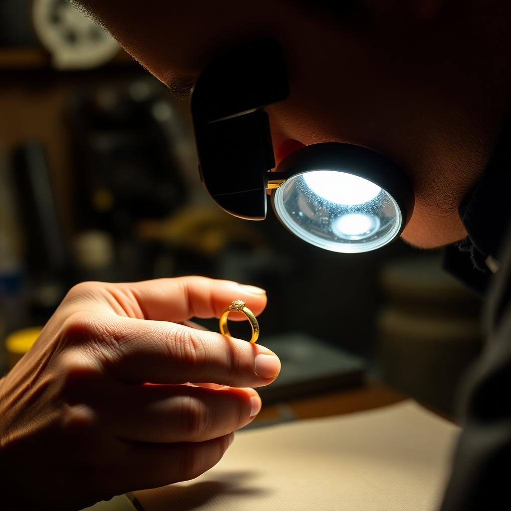 Independent jeweller inspecting a gold ring
